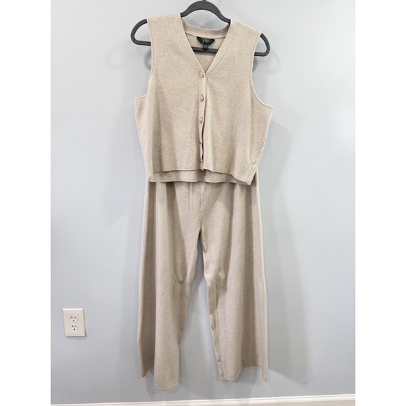 Terra & Sky Sweaters - Terra & Sky 1X 2 Piece Knit Vest Wide Leg Pants Set Neutral Boho Chic Loungewear